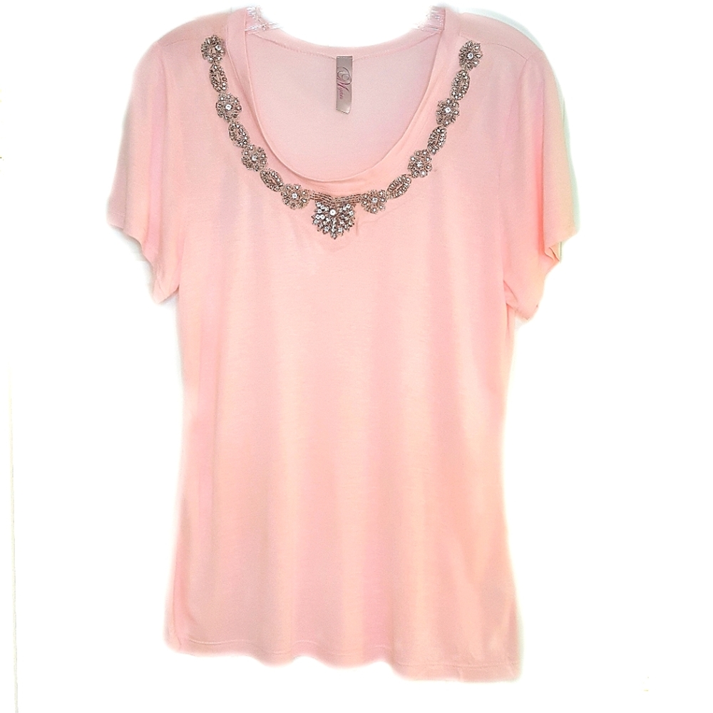 Francesca's - Brand: Myan Pale Pink T-shirt with Jewel Detail at Collar, Sz L